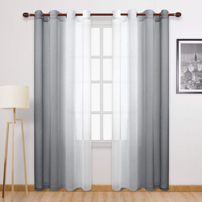 DWCN Grey Faux Linen Ombre Sheer Curtains - Semi Voile Gradient Grommet Top Curtains for Bedroom and Living Room, Set of 2 Window Curtain Panels, 52 x 84 Inches Long - Image 1